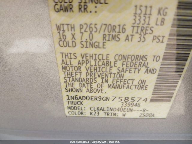 1N6AD0ER9GN758574 Nissan FRONTIER S