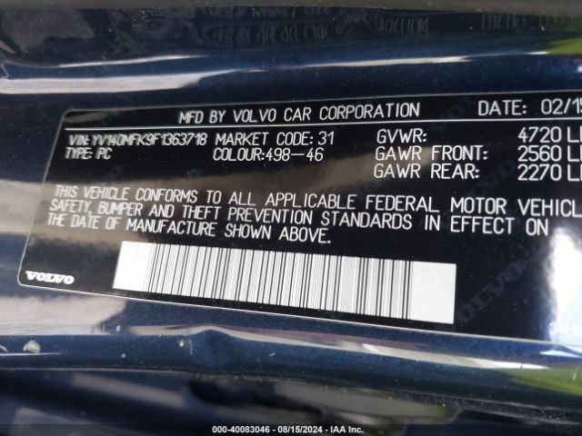 YV140MFK9F1363718 Volvo S60 T5 Premier