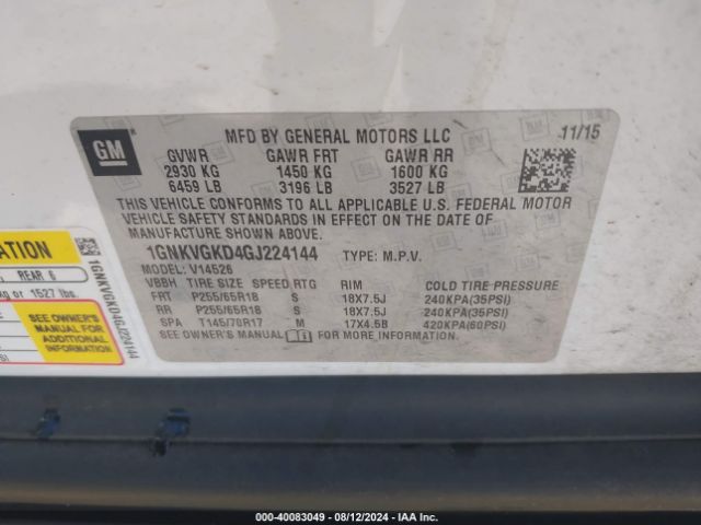 1GNKVGKD4GJ224144 Chevrolet Traverse 1lt