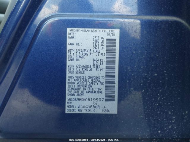 5N1DR2MN0HC619907 Nissan Pathfinder Sl