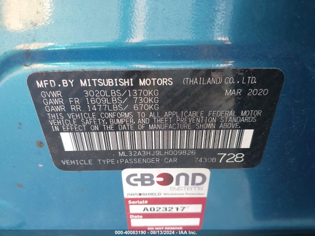 2020 Mitsubishi Mirage Es/se მანქანა იყიდება აუქციონზე, vin: ML32A3HJ9LH009826, აუქციონის ნომერი: 40083190