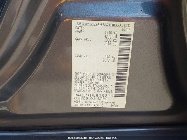 Nissan Altima 2.5 S 2015 1N4AL3AP1FN915210 Image 9