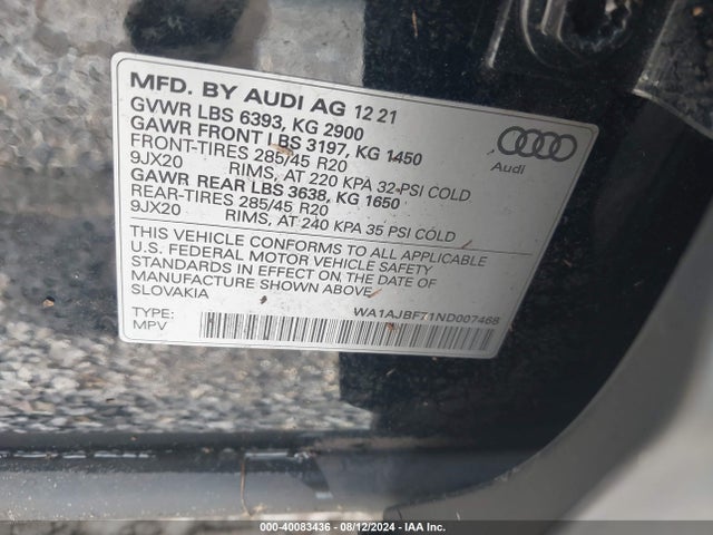 WA1AJBF71ND007468 Audi Q7 Premium 45 Tfsi Quattro Tiptronic
