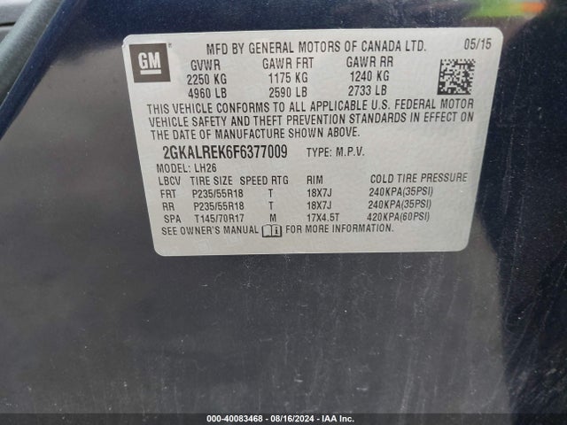 GMC Terrain Sle-2 2015 2GKALREK6F6377009 Image 9