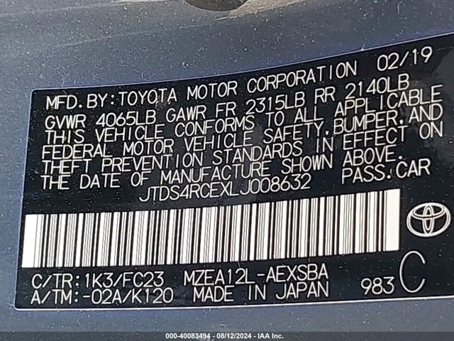 Toyota COROLLA SE 2020 JTDS4RCEXLJ008632 Image 9