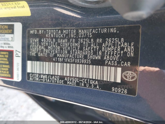 Toyota CAMRY XLE 2015 4T1BF1FK5FU938935 Image 9