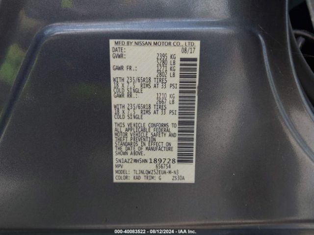 5N1AZ2MH5HN189728 Nissan MURANO SV