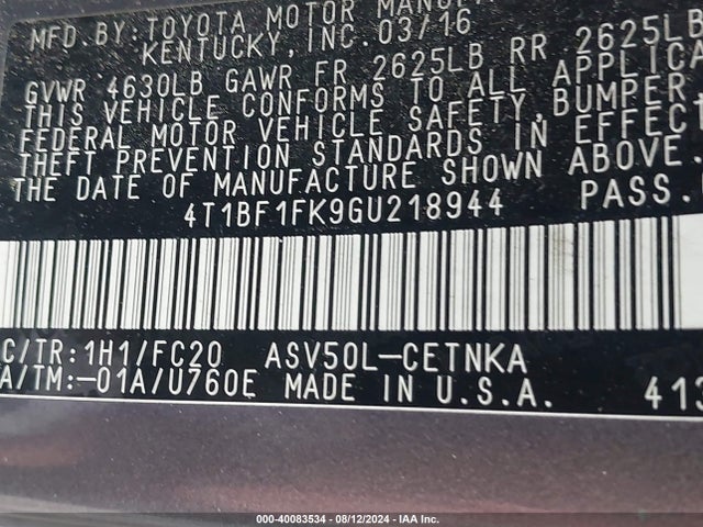 Toyota CAMRY LE 2016 4T1BF1FK9GU218944 Image 9