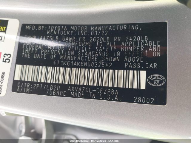 4T1K61AK6NU032542 Toyota CAMRY XSE