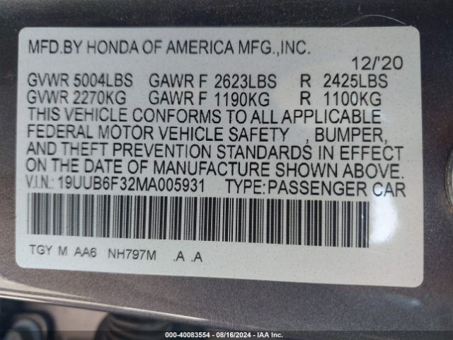 19UUB6F32MA005931 Acura Tlx Standard