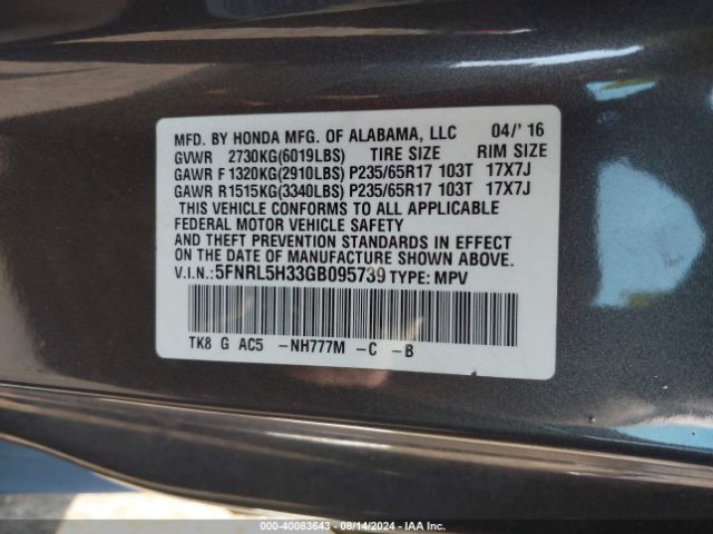 5FNRL5H33GB095739 Honda ODYSSEY SE