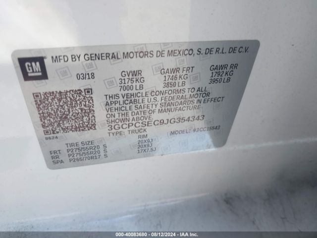 3GCPCSEC9JG354343 Chevrolet Silverado 1500 1lz