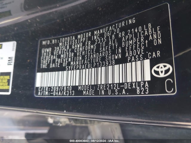 Toyota COROLLA LE 2020 5YFEPRAE8LP133938 Image 9