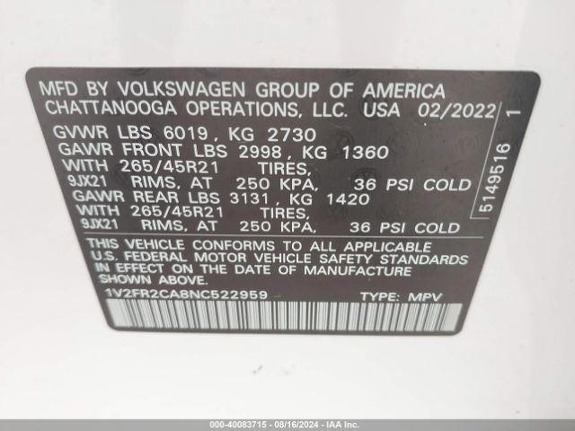 1V2FR2CA8NC522959 Volkswagen Atlas 3.6l V6 Sel Premium R-line