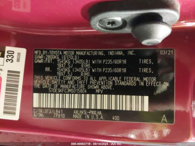 5TDESKFC3MS015804 Toyota Sienna Platinum