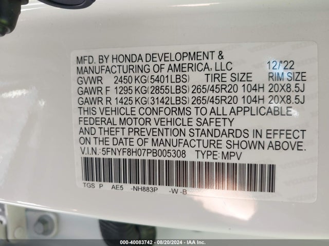 Honda Passport Awd Elite 2023 5FNYF8H07PB005308 Image 9
