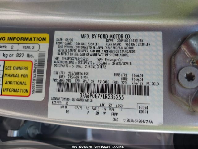 3FA6P0G77LR235255 Ford FUSION S