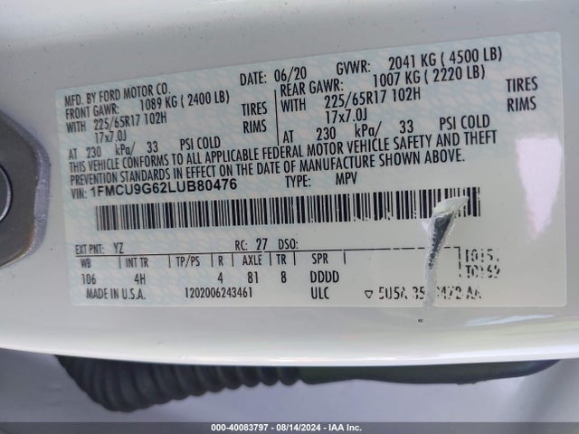 Ford ESCAPE SE 2020 1FMCU9G62LUB80476 Image 9