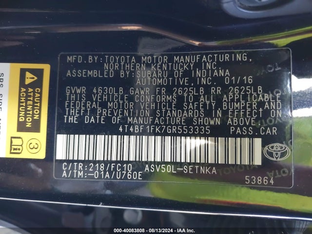 Toyota CAMRY LE 2016 4T4BF1FK7GR553335 Image 9