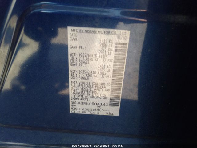 5N1DR2BN9LC604141 Nissan Pathfinder Sv 2wd