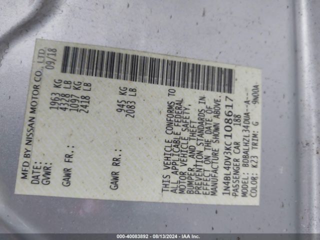 1N4BL4DV3KC108617 Nissan Altima 2.5 Sv
