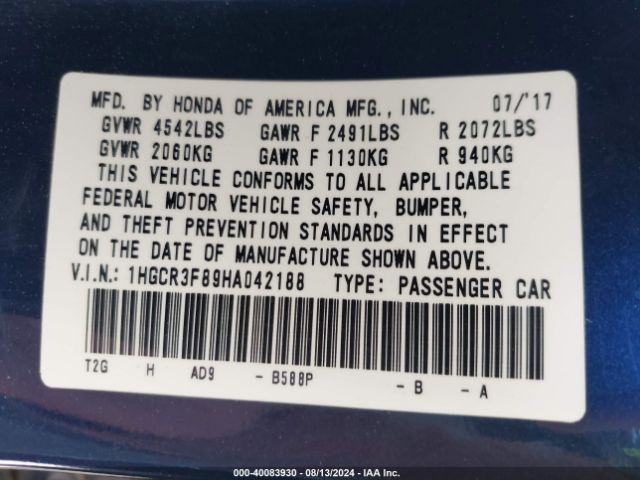 1HGCR3F89HA042188 Honda Accord Ex-l V6