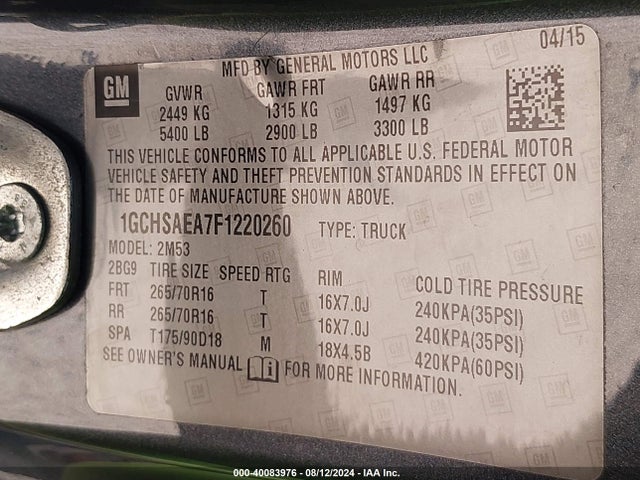 Chevrolet Colorado Wt 2015 1GCHSAEA7F1220260 Image 9