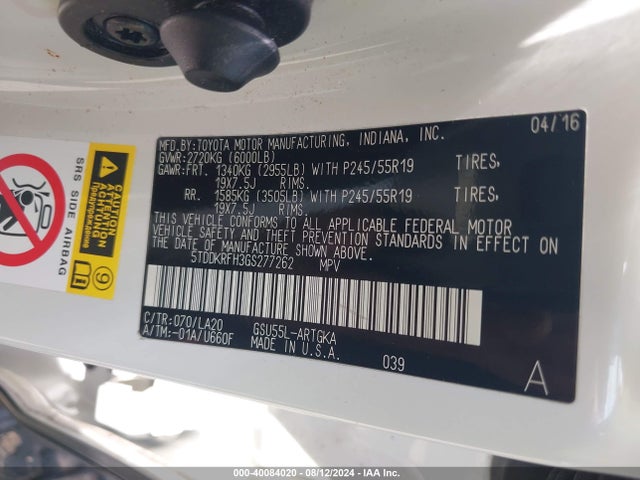 5TDDKRFH3GS277262 Toyota Highlander Limited V6