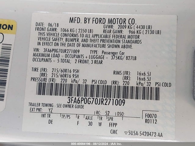 Ford FUSION S 2018 3FA6P0G70JR271009 Image 9