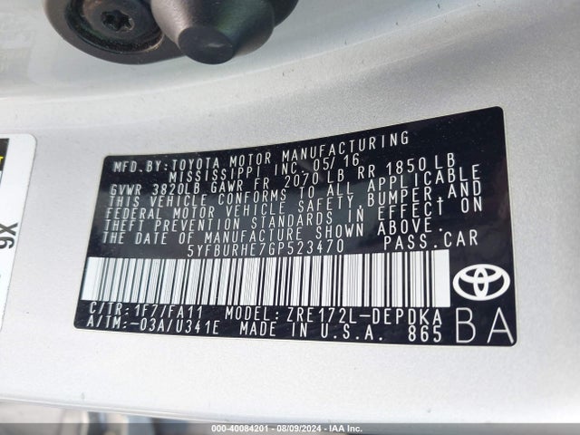 Toyota COROLLA L 2016 5YFBURHE7GP523470 Image 9