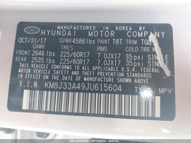 KM8J33A49JU615604 Hyundai TUCSON SEL