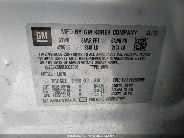 KL7CJKSB5LB328086 Chevrolet Trax Fwd Ls