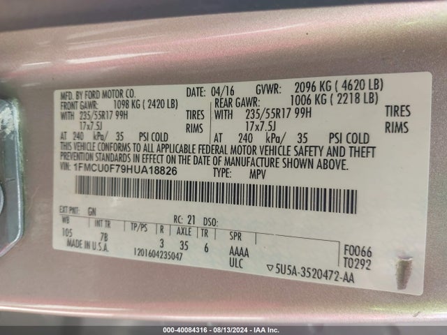 Ford ESCAPE S 2017 1FMCU0F79HUA18826 Image 9