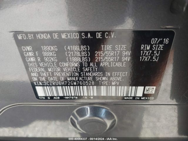 3CZRU6H72GM760528 Honda Hr-v Ex-l