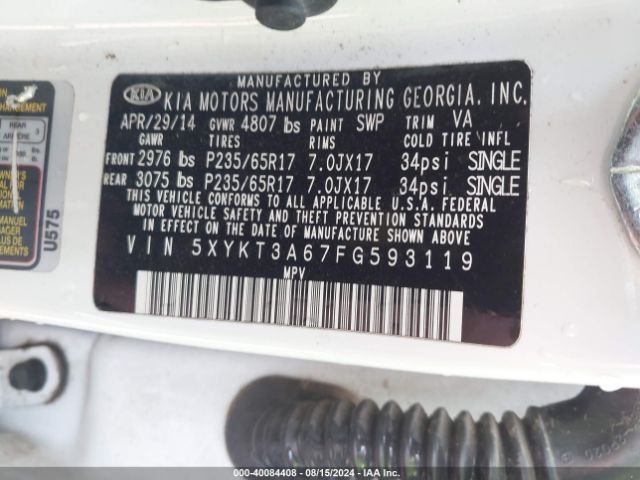5XYKT3A67FG593119 KIA SORENTO LX