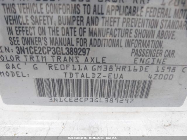 3N1CE2CP3GL389297 Nissan Versa Note S (sr)/s Plus/sl/sr/sv