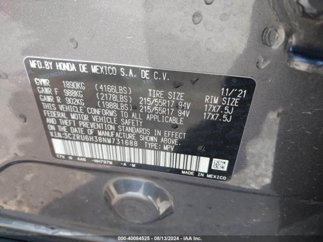 3CZRU6H38NM731688 Honda Hr-v Awd Lx