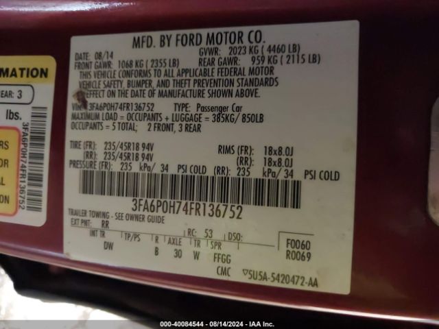 3FA6P0H74FR136752 Ford FUSION SE