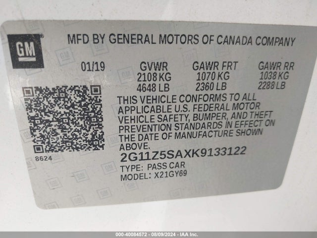2G11Z5SAXK9133122 Chevrolet lcv - spark ignited direct injection, dcvcp, variable valve timing, e85 max, e0-e100, alum
