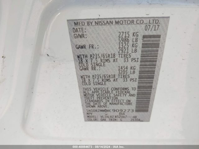 5N1DR2MN0HC909273 Nissan Pathfinder S