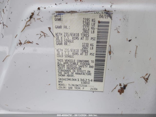 Nissan MURANO SV 2019 5N1AZ2MS3KN136254 Image 9