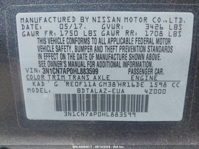 Nissan Versa 1.6 S+ 2017 3N1CN7AP0HL883599 Image 9