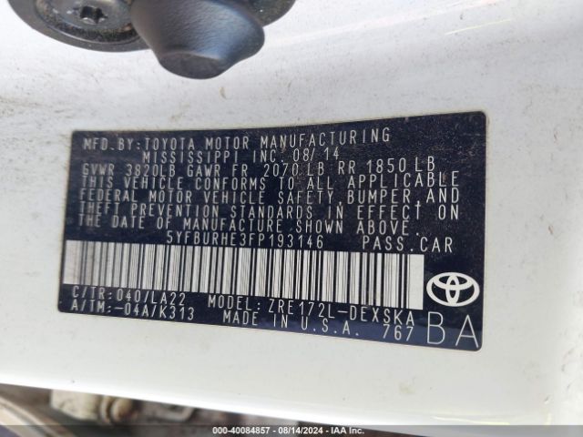 5YFBURHE3FP193146 Toyota Corolla S Premium