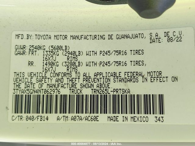 3TYAX5GN4NT062976 Toyota Tacoma Sr