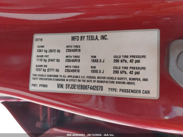 5YJ3E1EB0KF442070 Tesla Model 3 Long Range/performance