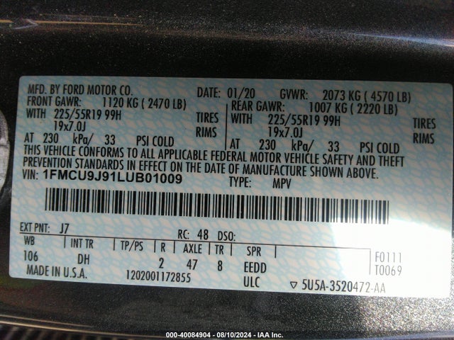 Ford Escape Titanium 2020 1FMCU9J91LUB01009 Image 9