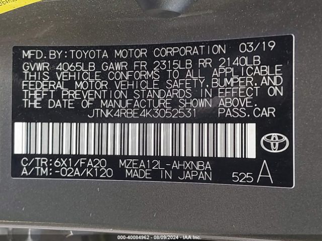 2019 TOYOTA COROLLA JTNK4RBE4K3052531 Photo 8