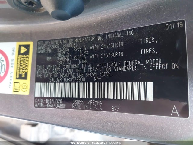 Toyota Highlander Xle 2019 5TDJZRFH3KS578900 Image 9