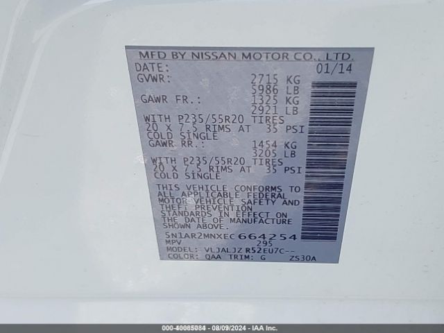 5N1AR2MNXEC664254 Nissan Pathfinder Platinum