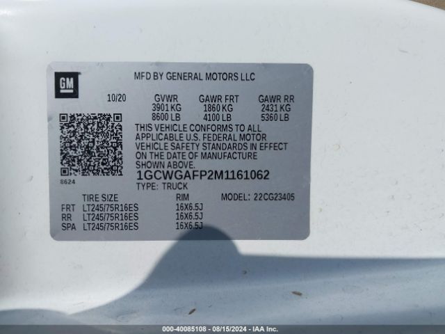 1GCWGAFP2M1161062 Chevrolet Express Cargo Rwd 2500 Regular Wheelbase Wt